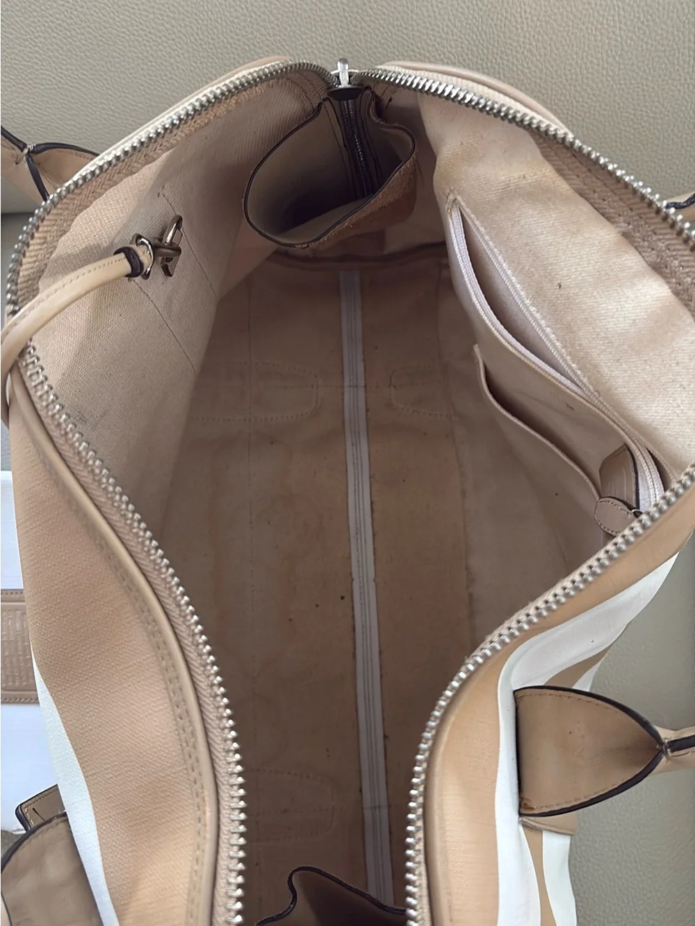 Coach Tan and White Striped bag with Wristlet